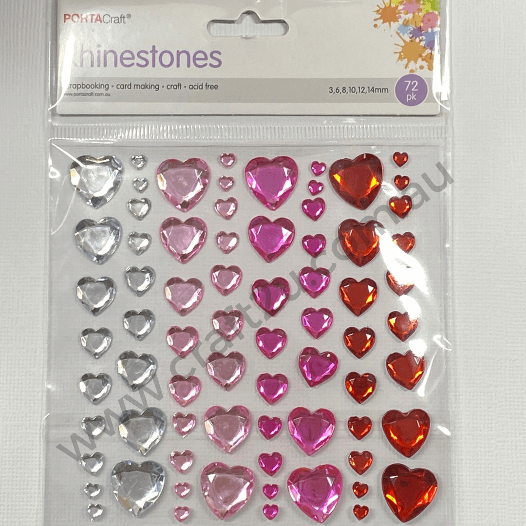 Rhinestone Heart Sticker Sheet 3-14mm 72pce