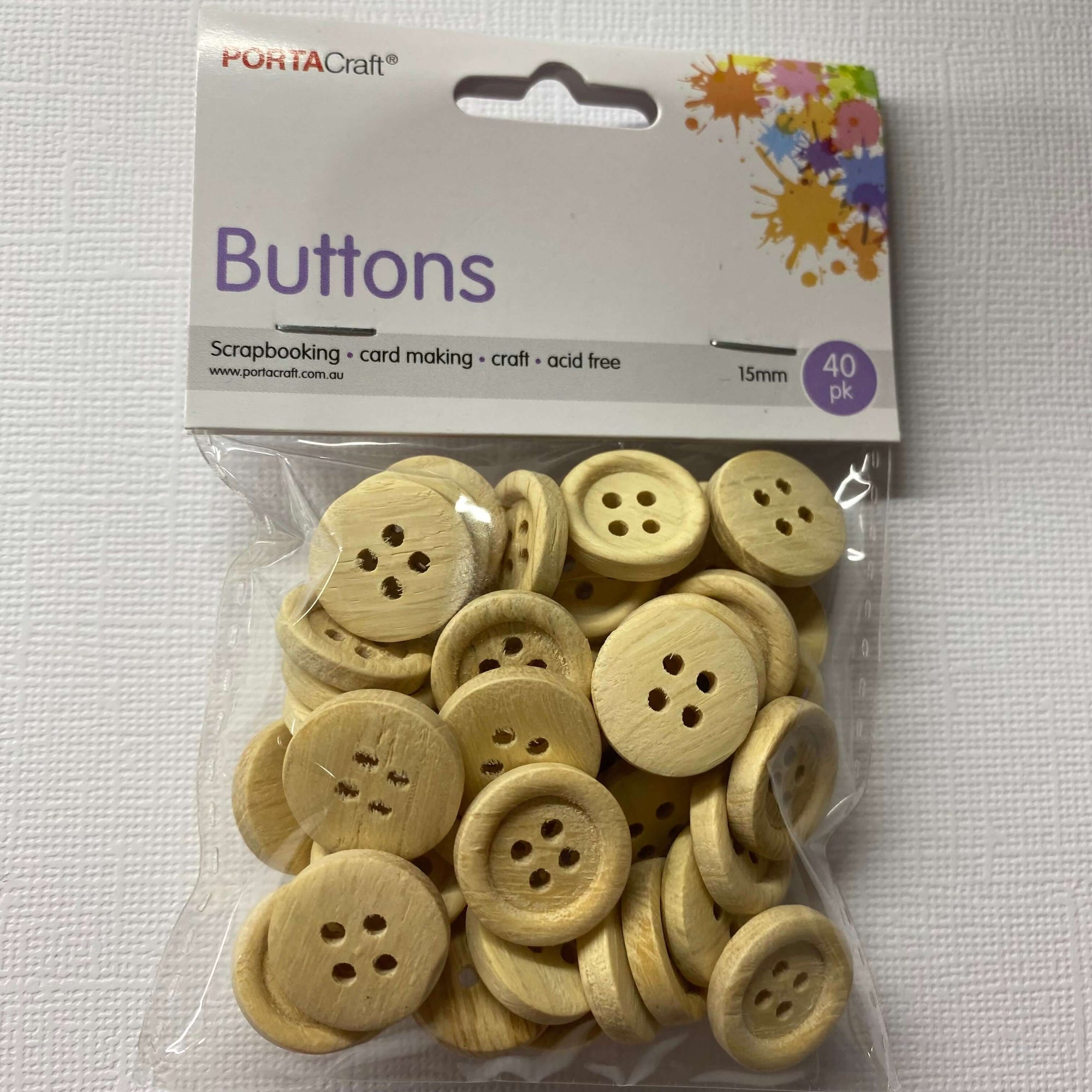 Buttons Round 15mm 40pce Wooden Birch