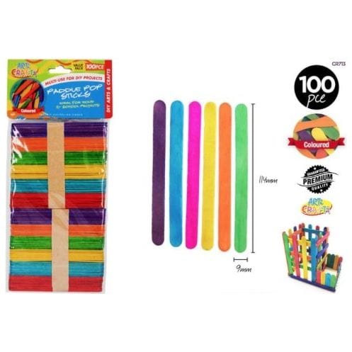 100pce Paddle Pop Sticks 11.4cm Colour