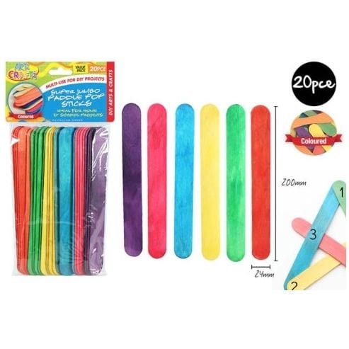 20pce Super Jumbo Paddle Pop Sticks 20cm Colour