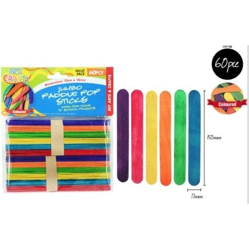 60pce Jumbo Paddle Pop Sticks 15cm Colour