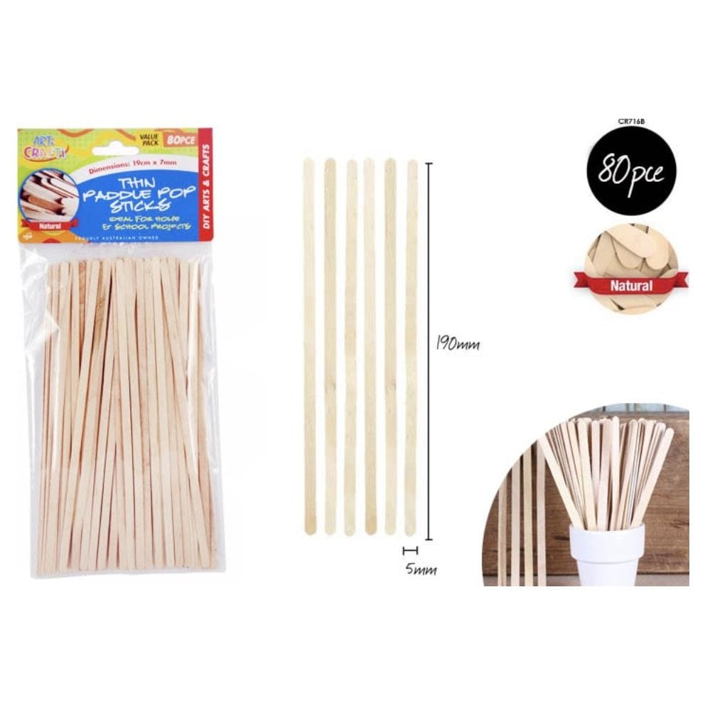 80 pce Thin Paddle Pop Sticks 19cm Natural